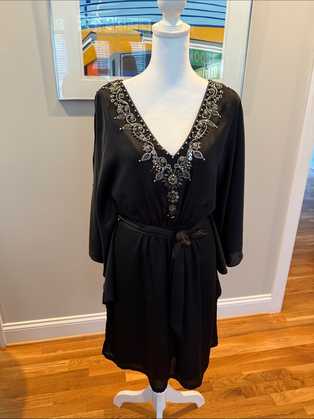 White House Black Market Black Embellished V-Neck Mini Dress with Tie Waist